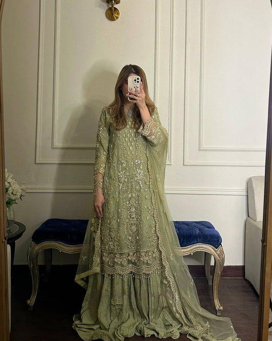 Pretty Mehndi Color Sequence Work Georgette Palazzo Suit