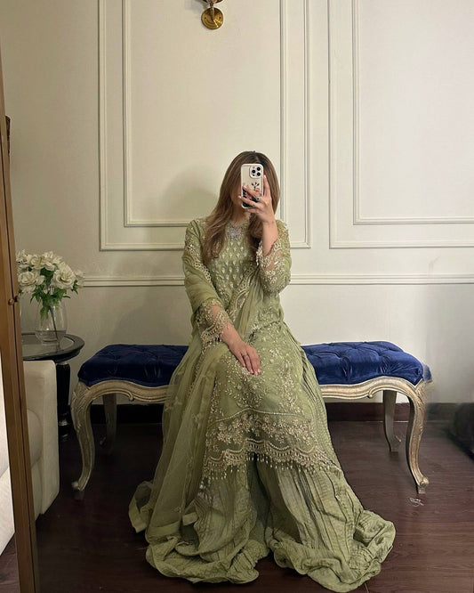 Pretty Mehndi Color Sequence Work Georgette Palazzo Suit