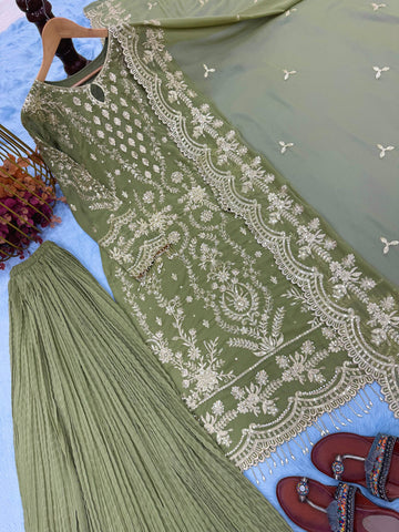 Pretty Mehndi Color Sequence Work Georgette Palazzo Suit