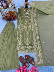 Pretty Mehndi Color Sequence Work Georgette Palazzo Suit