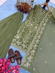 Pretty Mehndi Color Sequence Work Georgette Palazzo Suit