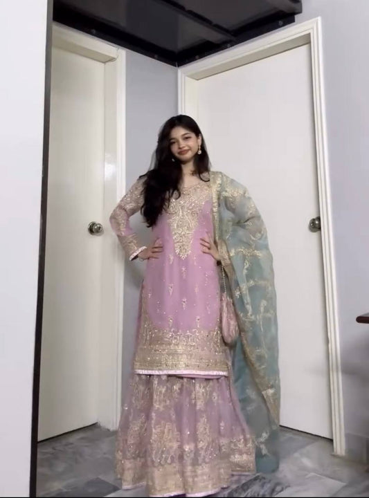Ravishing Pink Color Work Georgette Sharara Suit