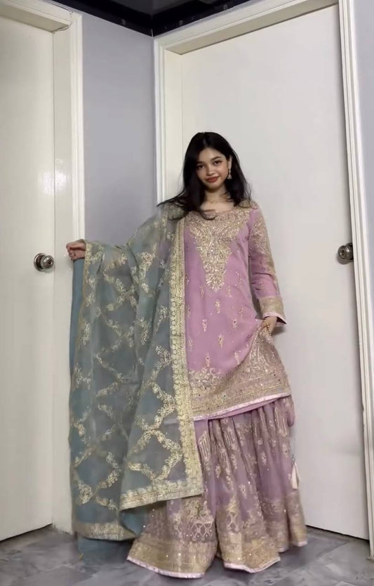 Ravishing Pink Color Work Georgette Sharara Suit