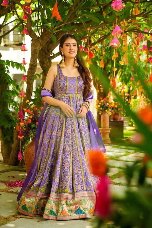 Lovely Purple Color Digital Printed Organza Gown