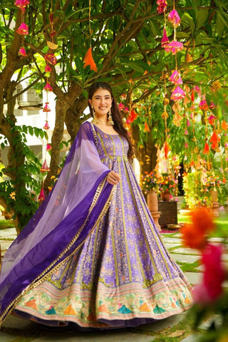 Lovely Purple Color Digital Printed Organza Gown