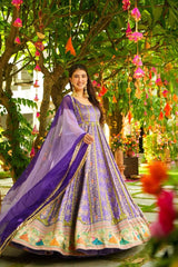 Lovely Purple Color Digital Printed Organza Gown