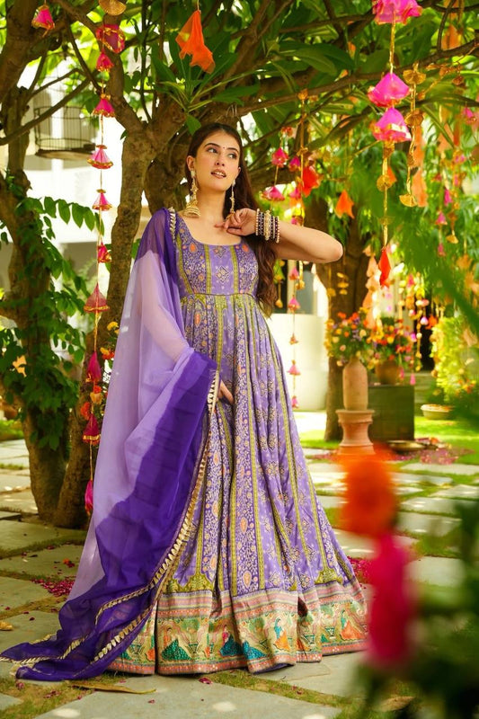 Lovely Purple Color Digital Printed Organza Gown