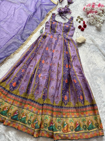Lovely Purple Color Digital Printed Organza Gown