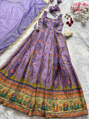 Lovely Purple Color Digital Printed Organza Gown