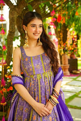 Lovely Purple Color Digital Printed Organza Gown