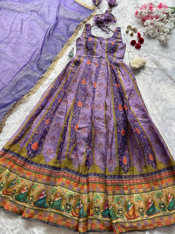 Lovely Purple Color Digital Printed Organza Gown