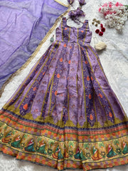 Lovely Purple Color Digital Printed Organza Gown