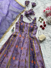 Lovely Purple Color Digital Printed Organza Gown