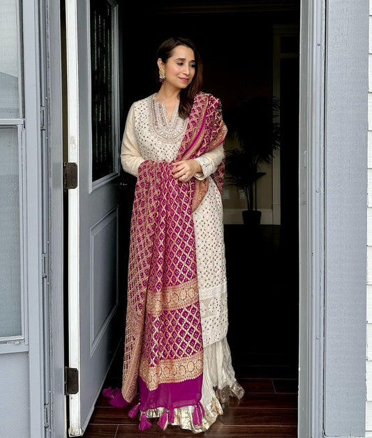 Fabulous White Sequence Work Georgette Palazzo Suit