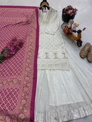 Fabulous White Sequence Work Georgette Palazzo Suit