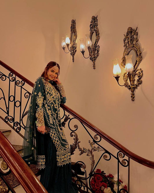 Glorious Teal Green Sequence Work Georgette Palazzo Suit