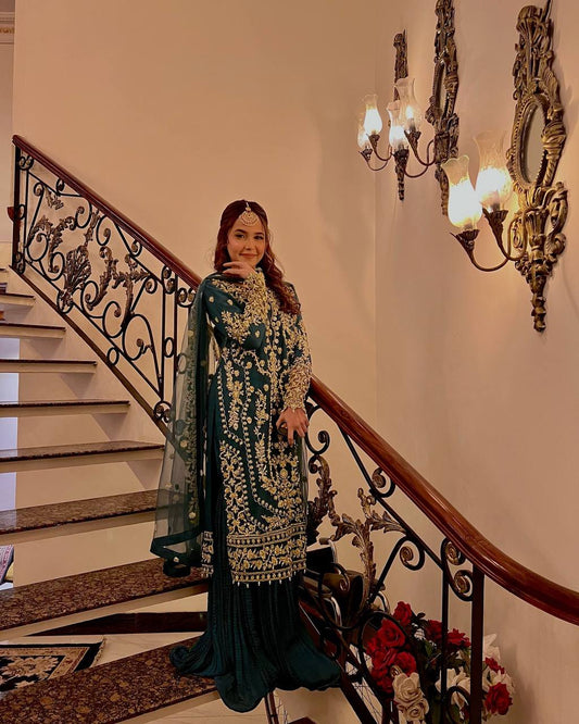 Glorious Teal Green Sequence Work Georgette Palazzo Suit