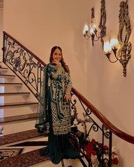 Glorious Teal Green Sequence Work Georgette Palazzo Suit