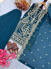 Glorious Teal Green Sequence Work Georgette Palazzo Suit