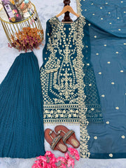Glorious Teal Green Sequence Work Georgette Palazzo Suit