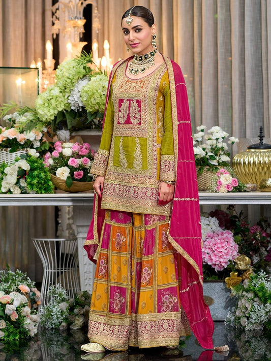 Mesmerizing Yellow Chinon Silk Sequence Work Sharara Suit