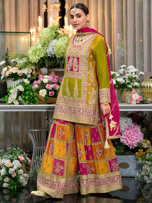 Mesmerizing Yellow Chinon Silk Sequence Work Sharara Suit
