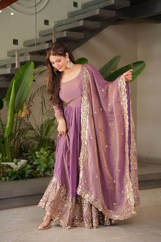 Gorgeous Onion Color Embroidery Work Gown