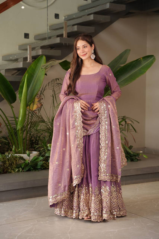 Gorgeous Onion Color Embroidery Work Gown