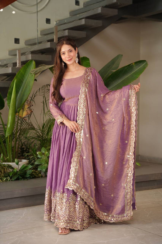 Gorgeous Onion Color Embroidery Work Gown