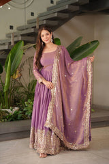 Gorgeous Onion Color Embroidery Work Gown