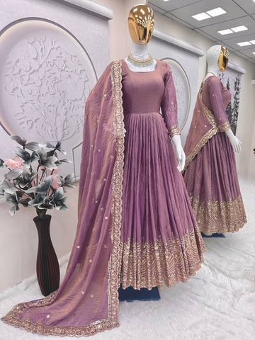 Gorgeous Onion Color Embroidery Work Gown
