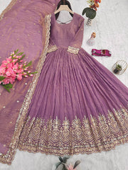 Gorgeous Onion Color Embroidery Work Gown