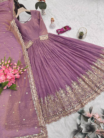 Gorgeous Onion Color Embroidery Work Gown