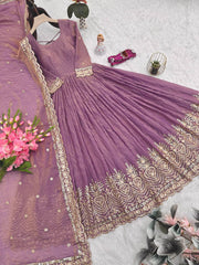 Gorgeous Onion Color Embroidery Work Gown