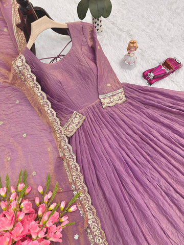 Gorgeous Onion Color Embroidery Work Gown