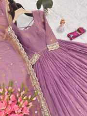 Gorgeous Onion Color Embroidery Work Gown