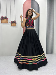 Navratri Wear White Color Cotton Gamthi Work Lehenga