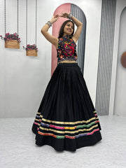 Navratri Wear White Color Cotton Gamthi Work Lehenga