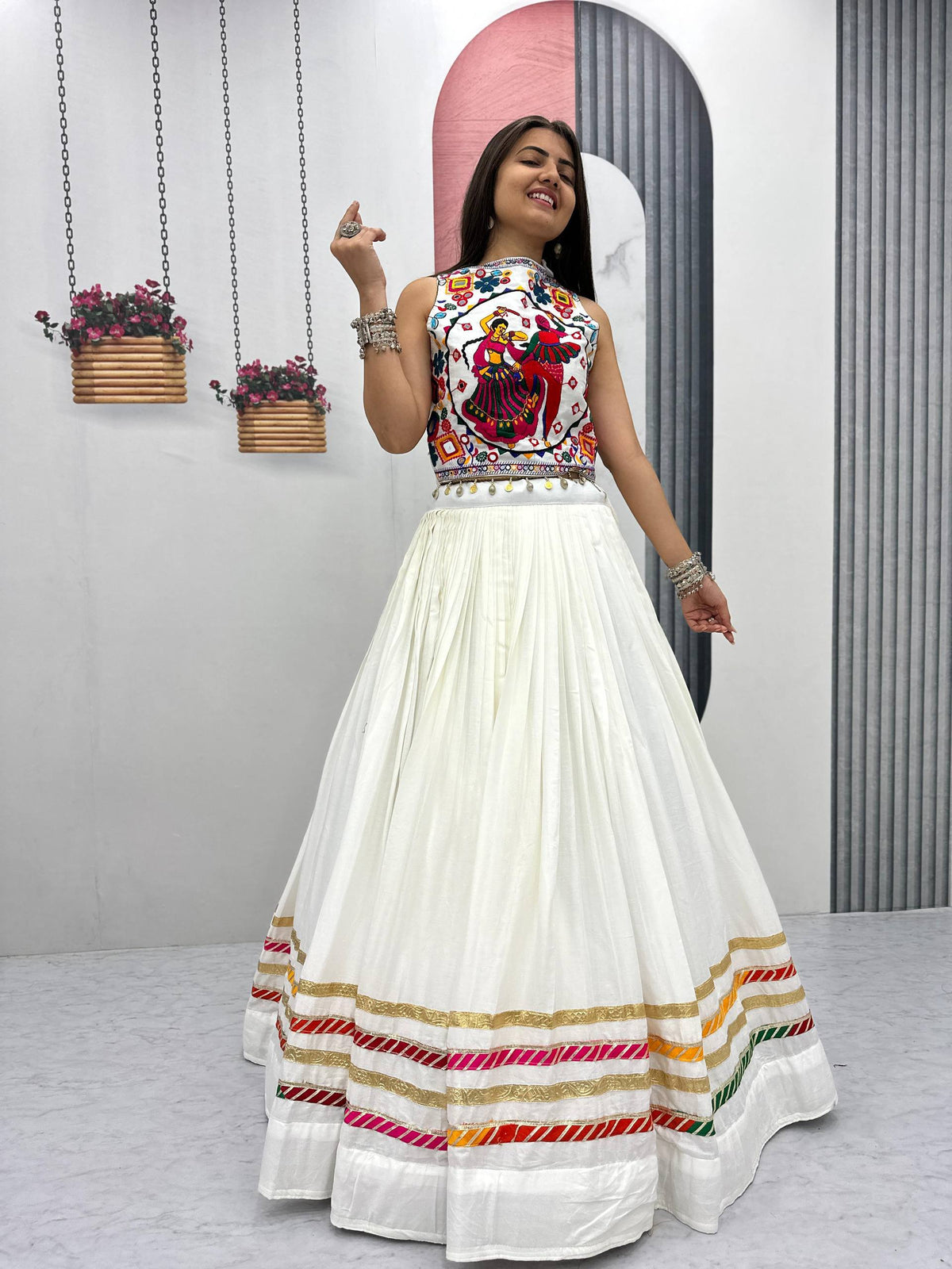Navratri Wear White Color Cotton Gamthi Work Lehenga
