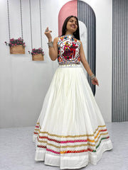 Navratri Wear White Color Cotton Gamthi Work Lehenga