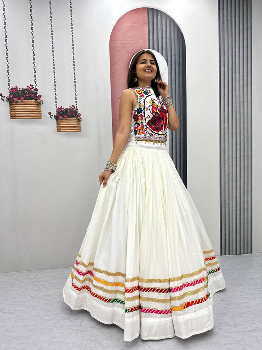 Navratri Wear White Color Cotton Gamthi Work Lehenga