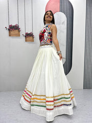 Navratri Wear White Color Cotton Gamthi Work Lehenga