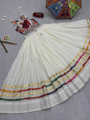 Navratri Wear White Color Cotton Gamthi Work Lehenga