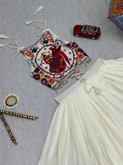 Navratri Wear White Color Cotton Gamthi Work Lehenga