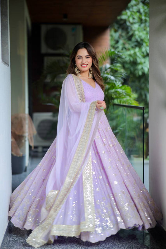 Daisy Lavender Color Blooming Foil Work Anarkali Gown