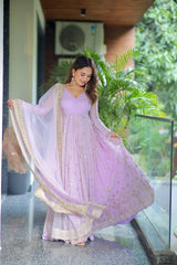 Daisy Lavender Color Blooming Foil Work Anarkali Gown