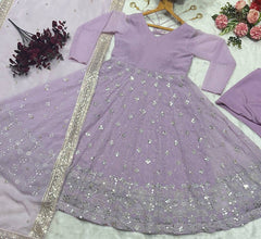 Daisy Lavender Color Blooming Foil Work Anarkali Gown