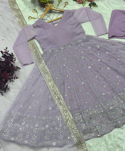Daisy Lavender Color Blooming Foil Work Anarkali Gown