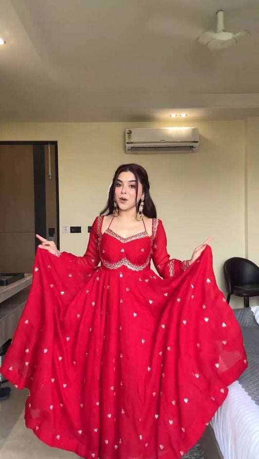 Daisy Red Sequence Work Georgette Anarkali Gown