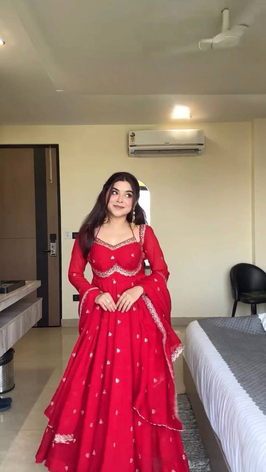 Daisy Red Sequence Work Georgette Anarkali Gown